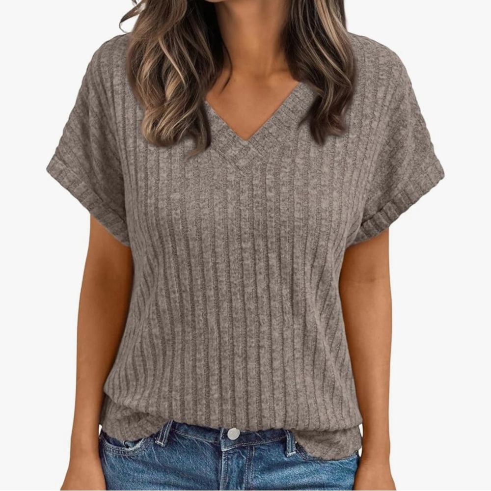 Women's Short Sleeve Ribbed Top - Brown
